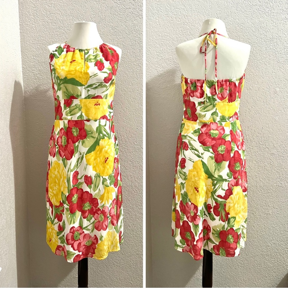 LOFT Floral Halter Open back Casual Long Summer Dress Yellow Green Red Silk